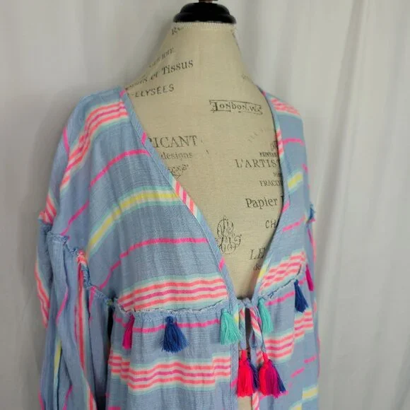 Vineyard Vines Swim Cover Up X Large Maxi Blue Striped Tassels - Picture 3 of 12